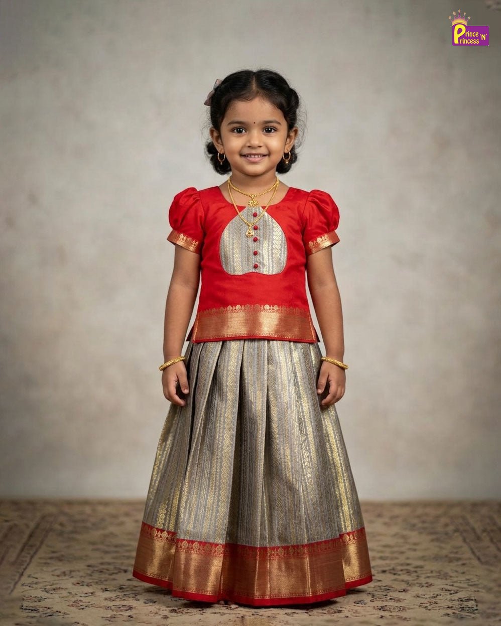 Kids Traditional Raw Silk Pattupavadai in Red PPP2026 - Prince N Princess