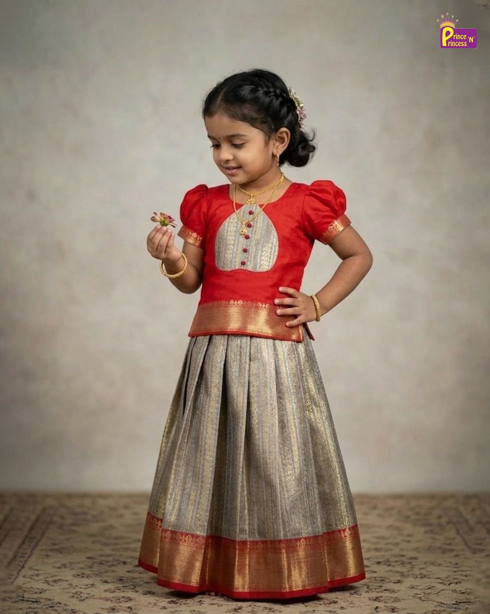 Kids Traditional Raw Silk Pattupavadai in Red PPP2026 - Prince N Princess