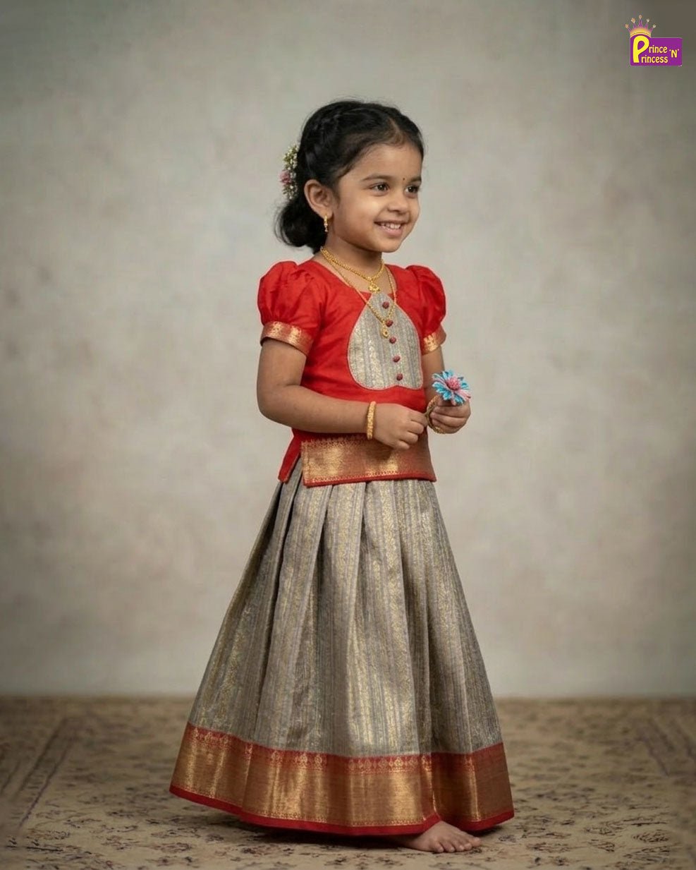 Kids Traditional Raw Silk Pattupavadai in Red PPP2026 - Prince N Princess