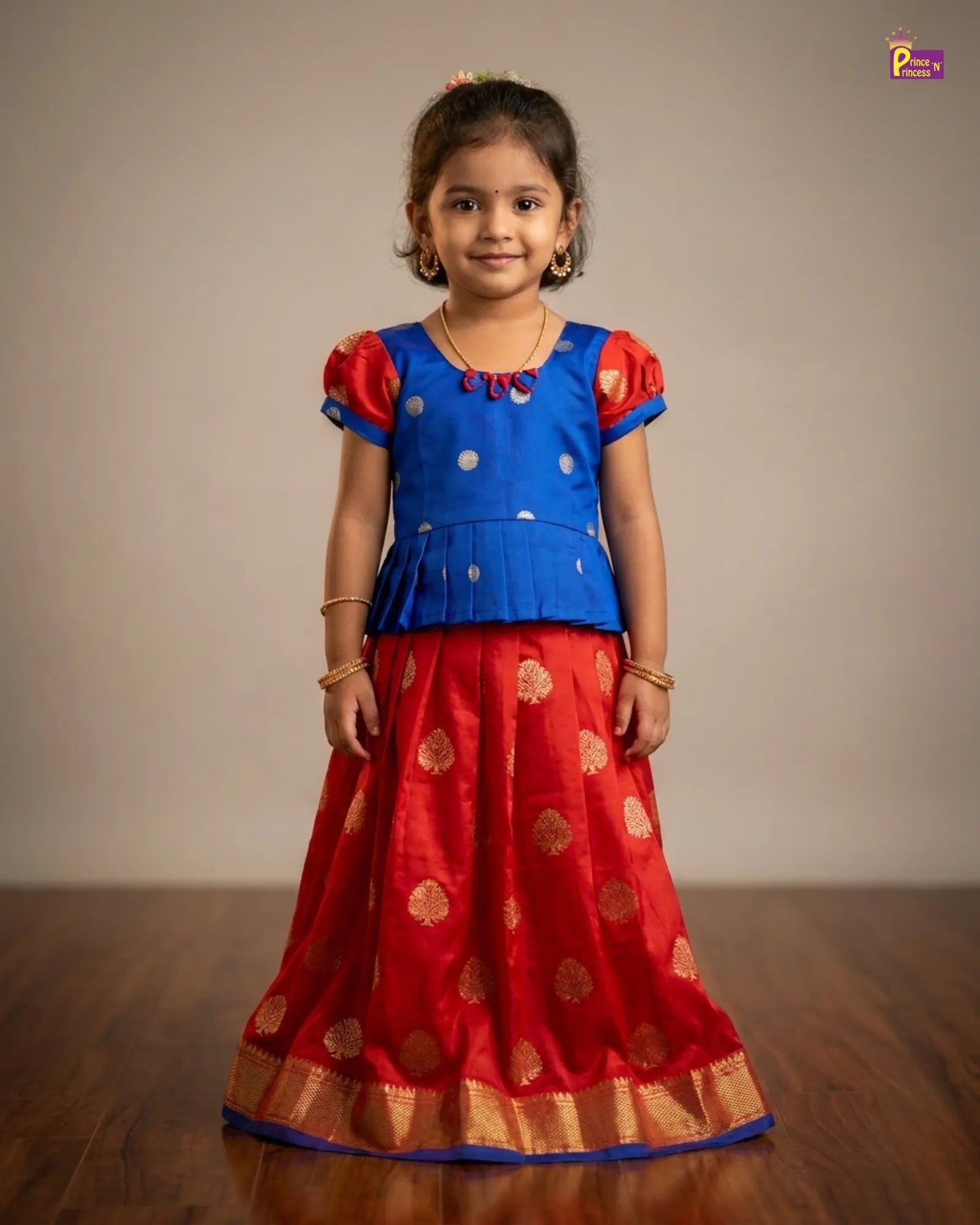 Kids Traitional Raw Silk Pattu Pavadai in Red with Blue PPP1330 for kids festival wear