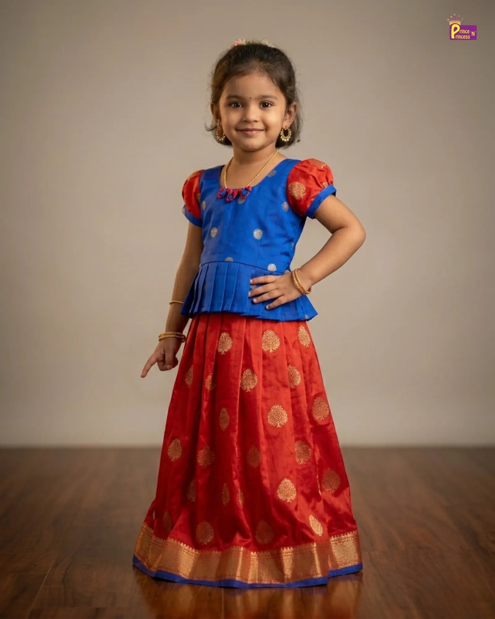 Kids Traitional Raw Silk Pattu Pavadai in Red with Blue PPP1330 for kids festival wear