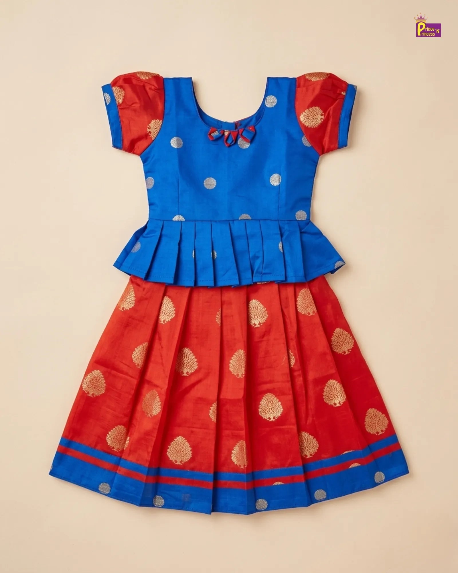 Kids Traitional Raw Silk Pattu Pavadai in Red with Blue PPP1330 for kids festival wear
