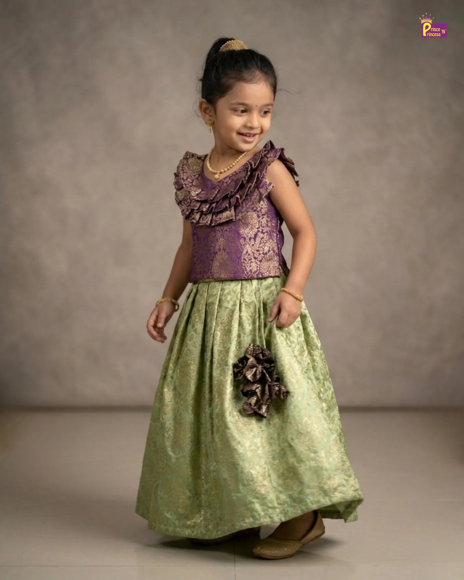 Kids Trending Coffee Brown With Pista Green Lehenga Choli with neck frills LC239 for kids festival wear