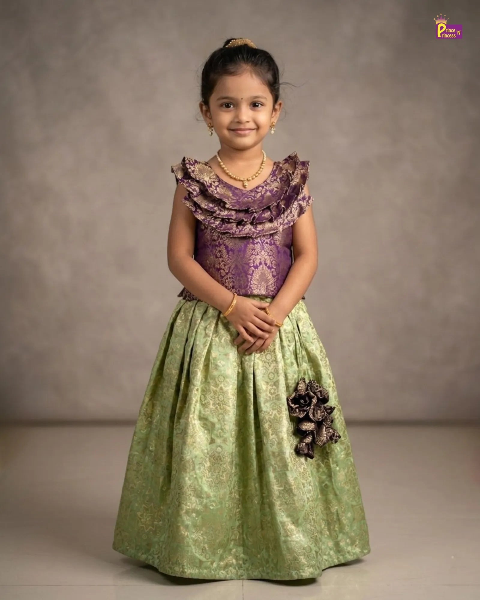 Kids Trending Coffee Brown With Pista Green Lehenga Choli with neck frills LC239 for kids festival wear