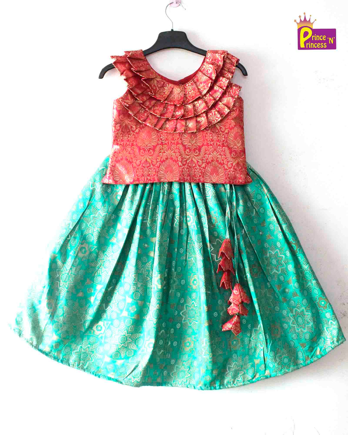 Kids Trending Rama Green with Red Lehenga Choli  with neck frills LC215 Prince N Princess