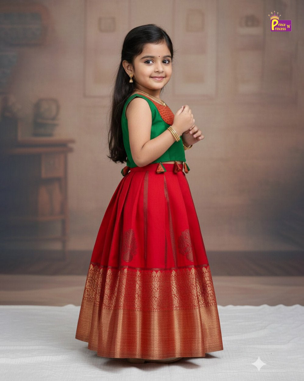 Kids Trendy Pattu Pavadai in Green with Red PPP2008 - Prince N Princess