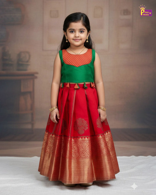 Kids Trendy Pattu Pavadai in Green with Red PPP2008 - Prince N Princess