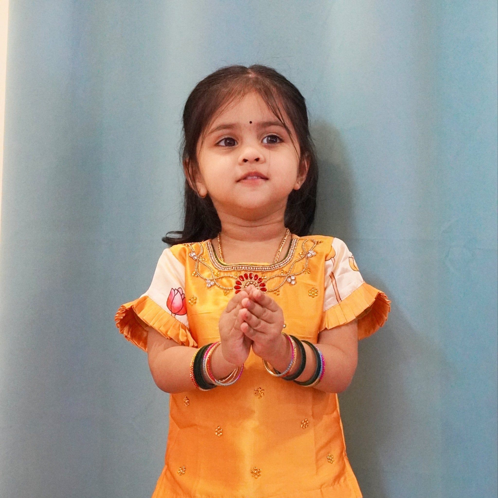Kids Yellow AARI Work Digital Print Banarasi Designer Pattu Pavadai PPP1343 - Prince N Princess