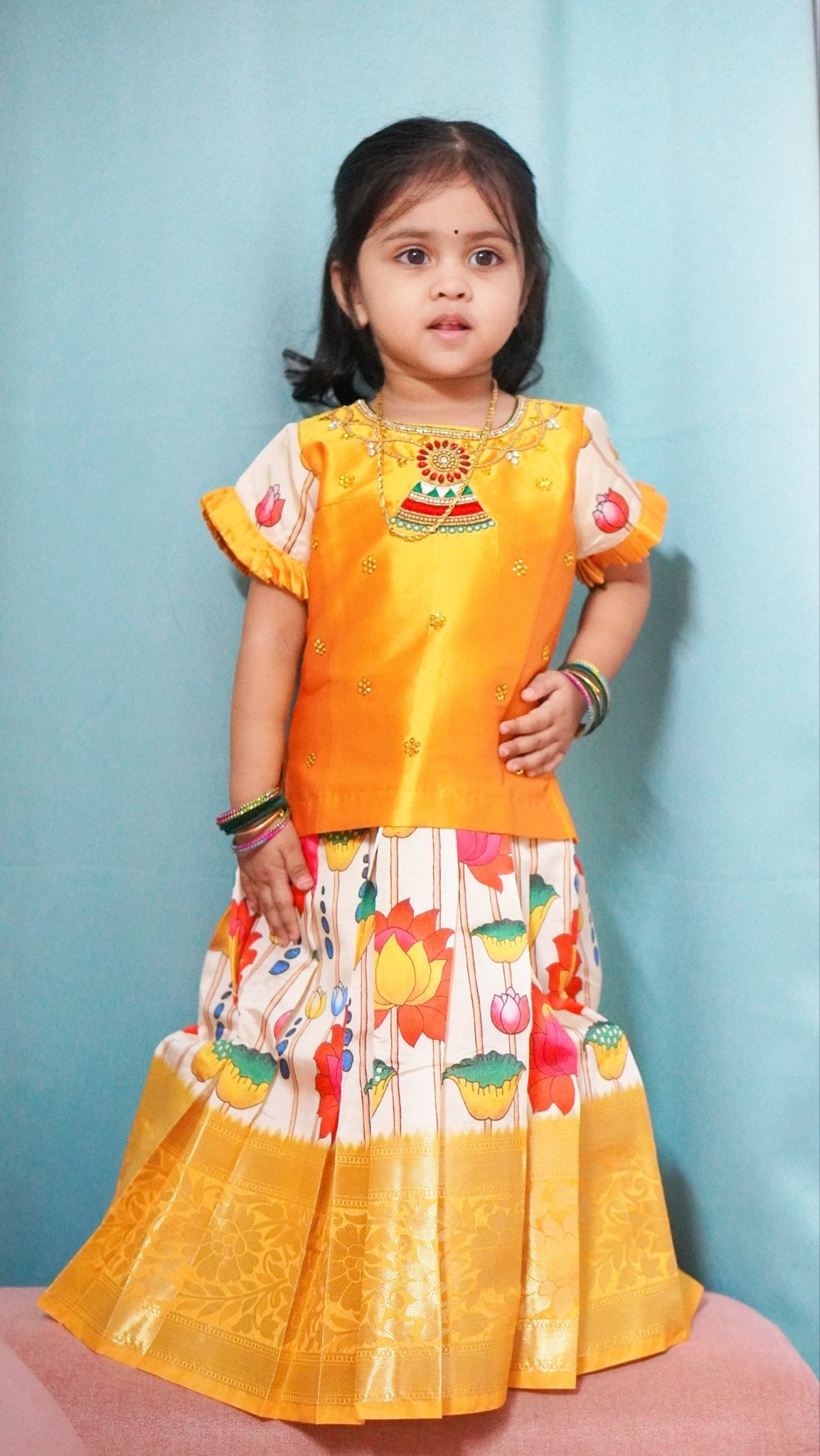 Kids Yellow AARI Work Digital Print Banarasi Designer Pattu Pavadai PPP1343 - Prince N Princess