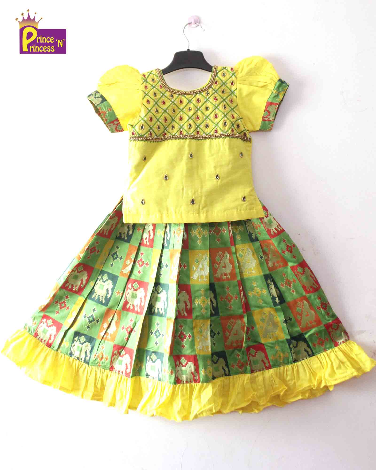 Kids Yellow AARI Work With Green Multi Color Traditional Pattu Pavadai PPP1348 - Prince N Princess