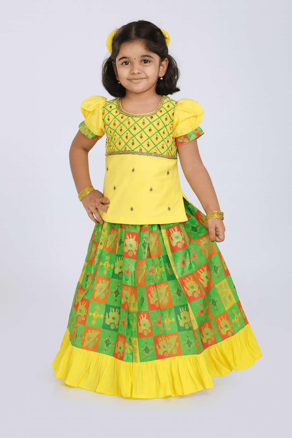 Kids Yellow AARI Work With Green Multi Color Traditional Pattu Pavadai PPP1348 - Prince N Princess