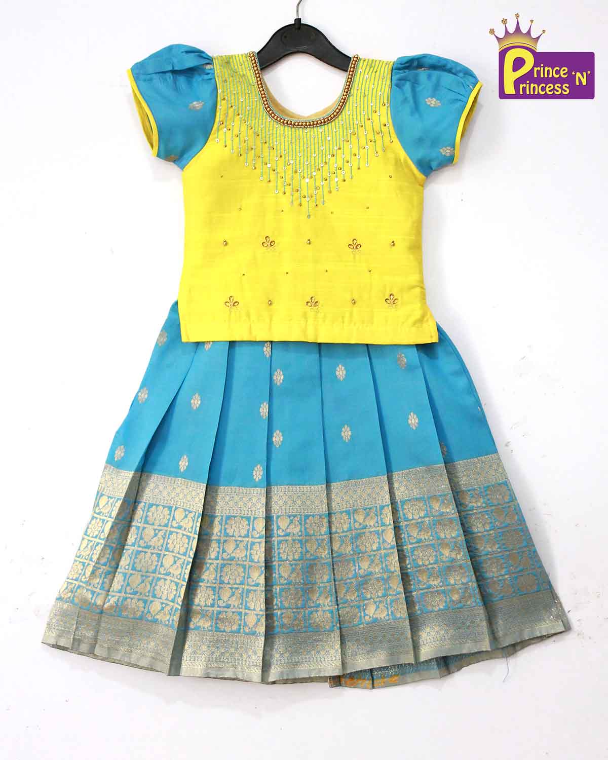 Kids Yellow And Blue Aari Work Pattu Pavadai PPP984 - Prince N Princess