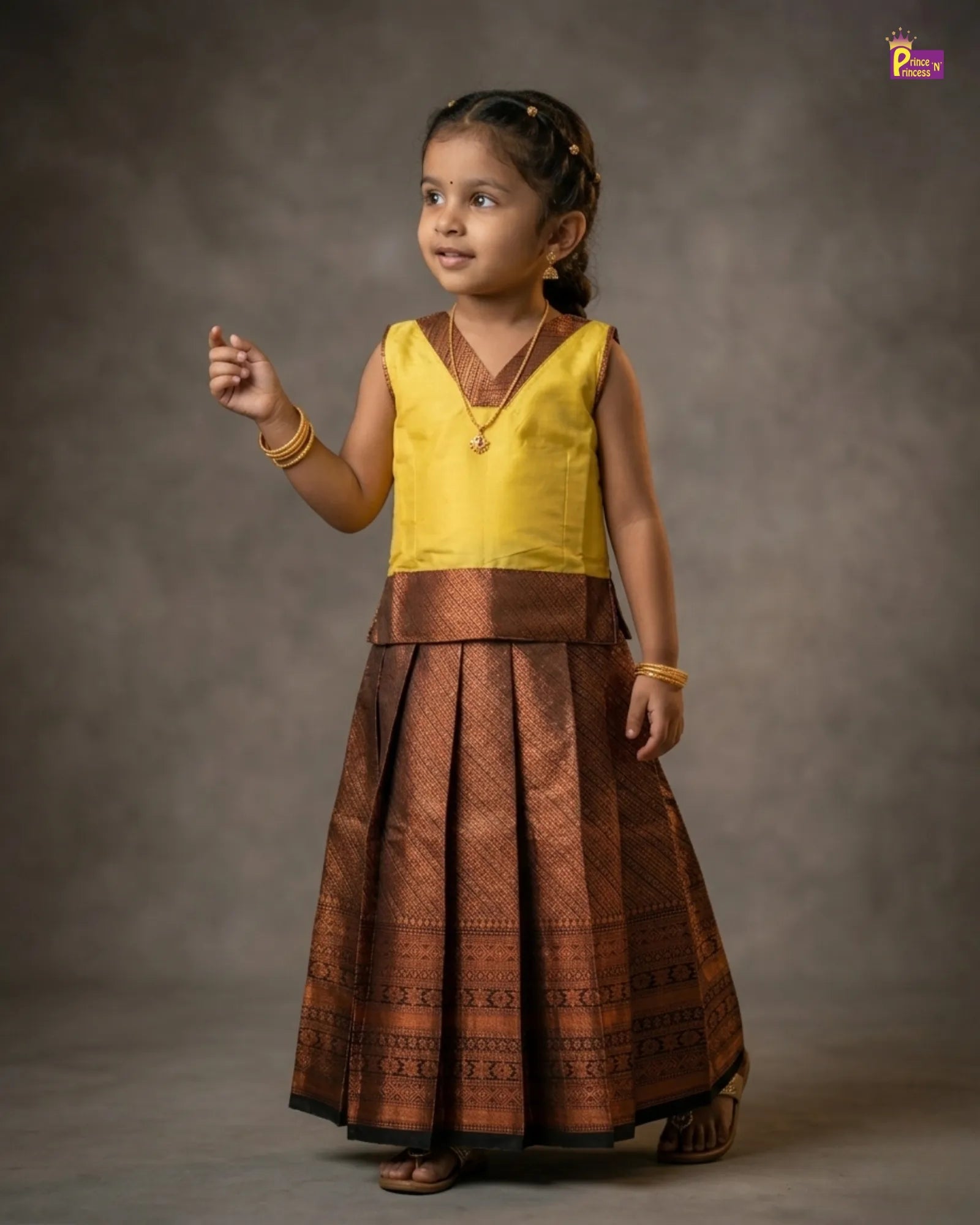 Kids Yellow and Brown Traditional Pattu pavadai PPP1778 for kids festival wear