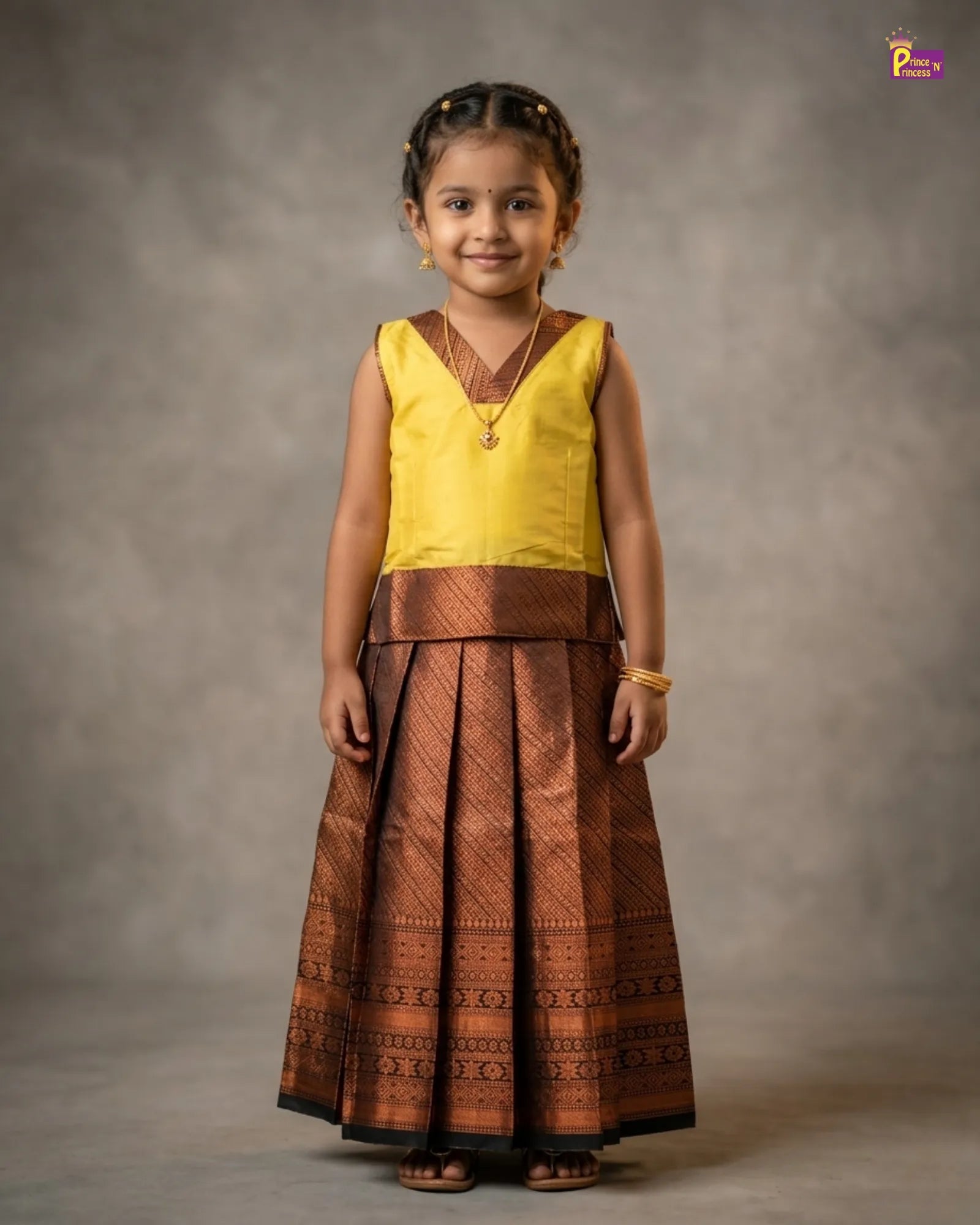 Kids Yellow and Brown Traditional Pattu pavadai PPP1778 for kids festival wear