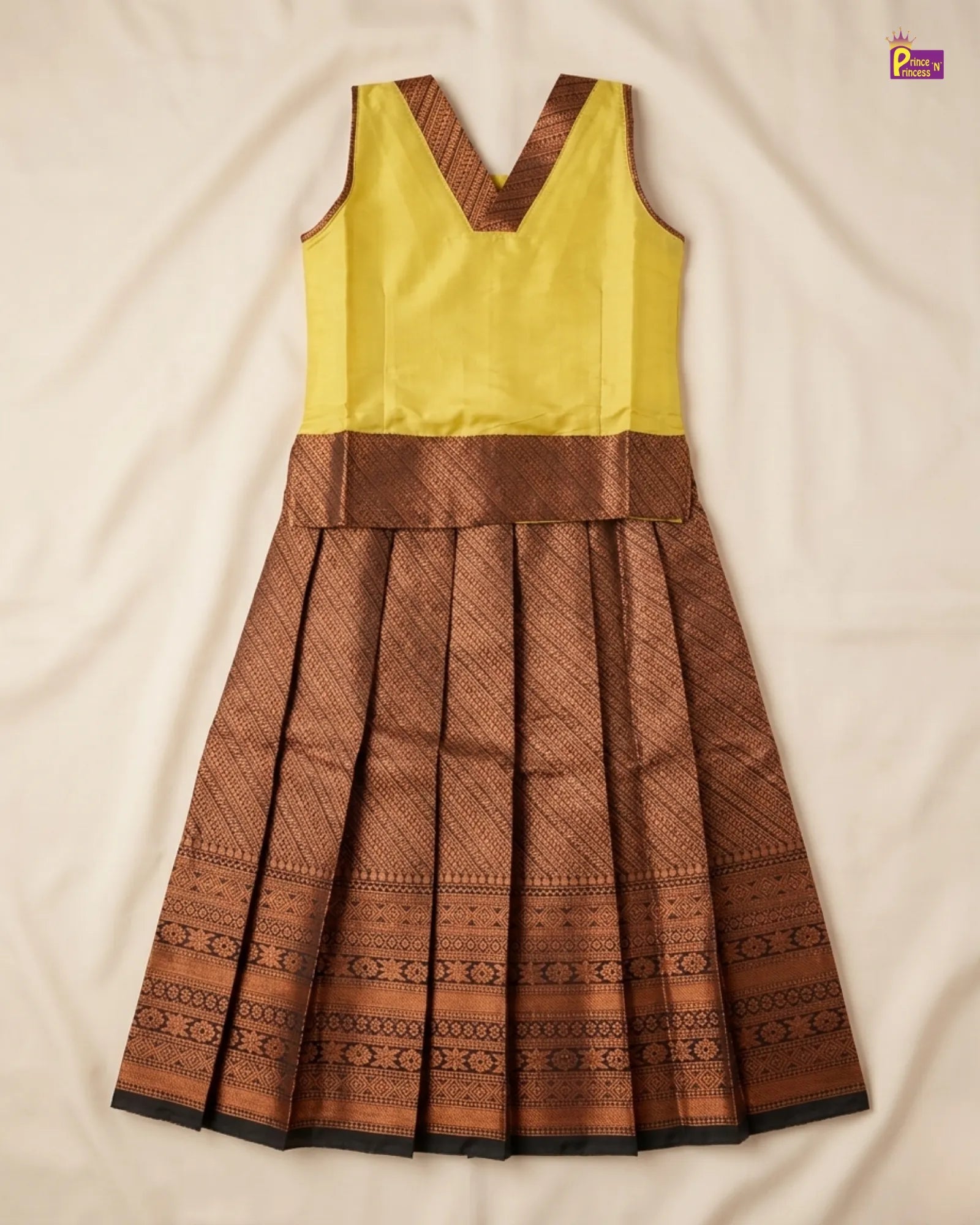 Kids Yellow and Brown Traditional Pattu pavadai PPP1778 for kids festival wear