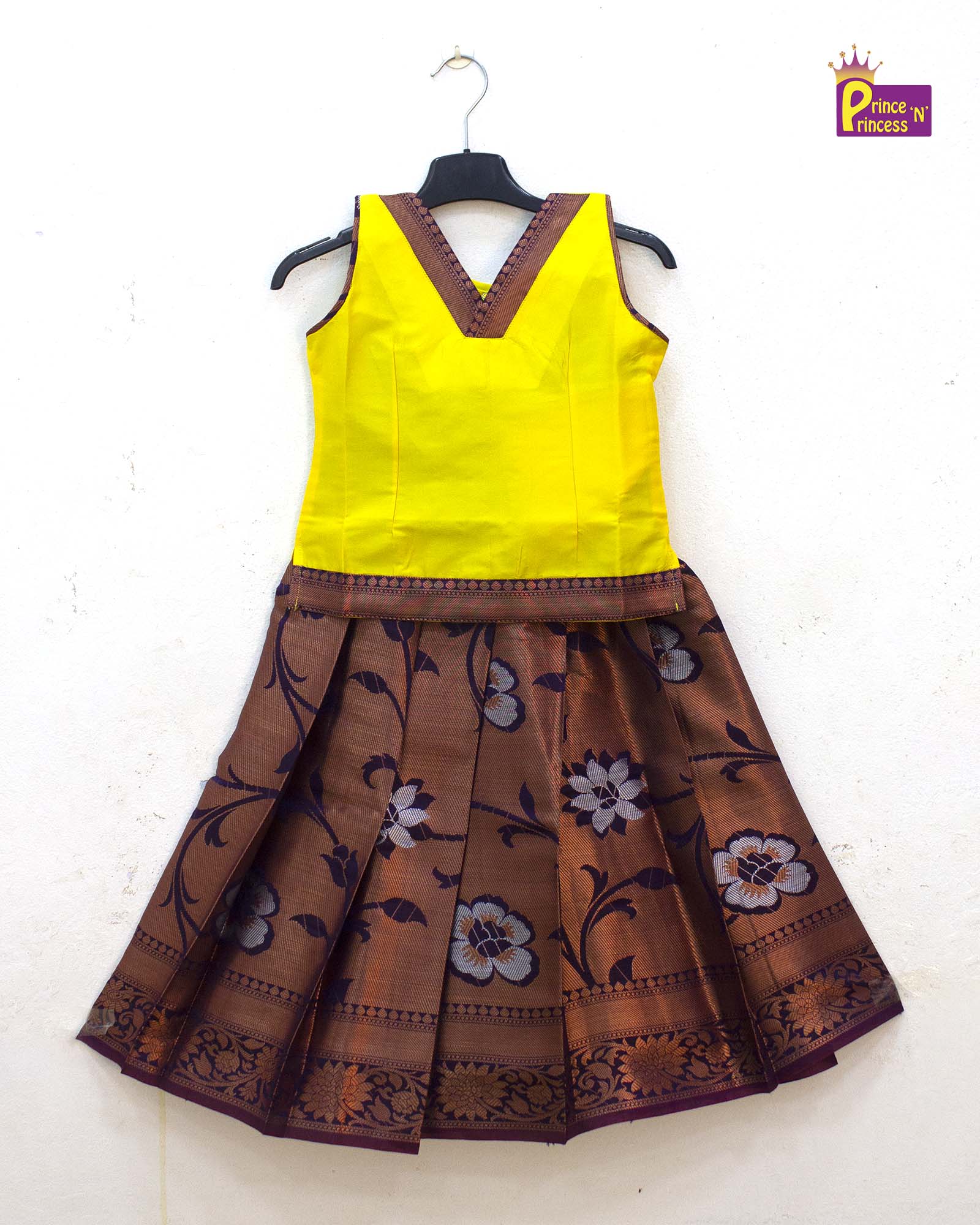 Kids Yellow and Brown Traditional Pattu pavadai PPP1852 - Prince N Princess