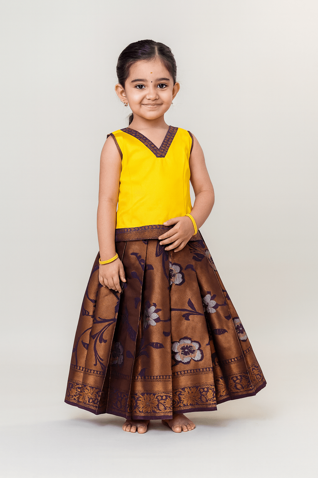 Kids Yellow and Brown Traditional Pattu pavadai PPP1852 - Prince N Princess