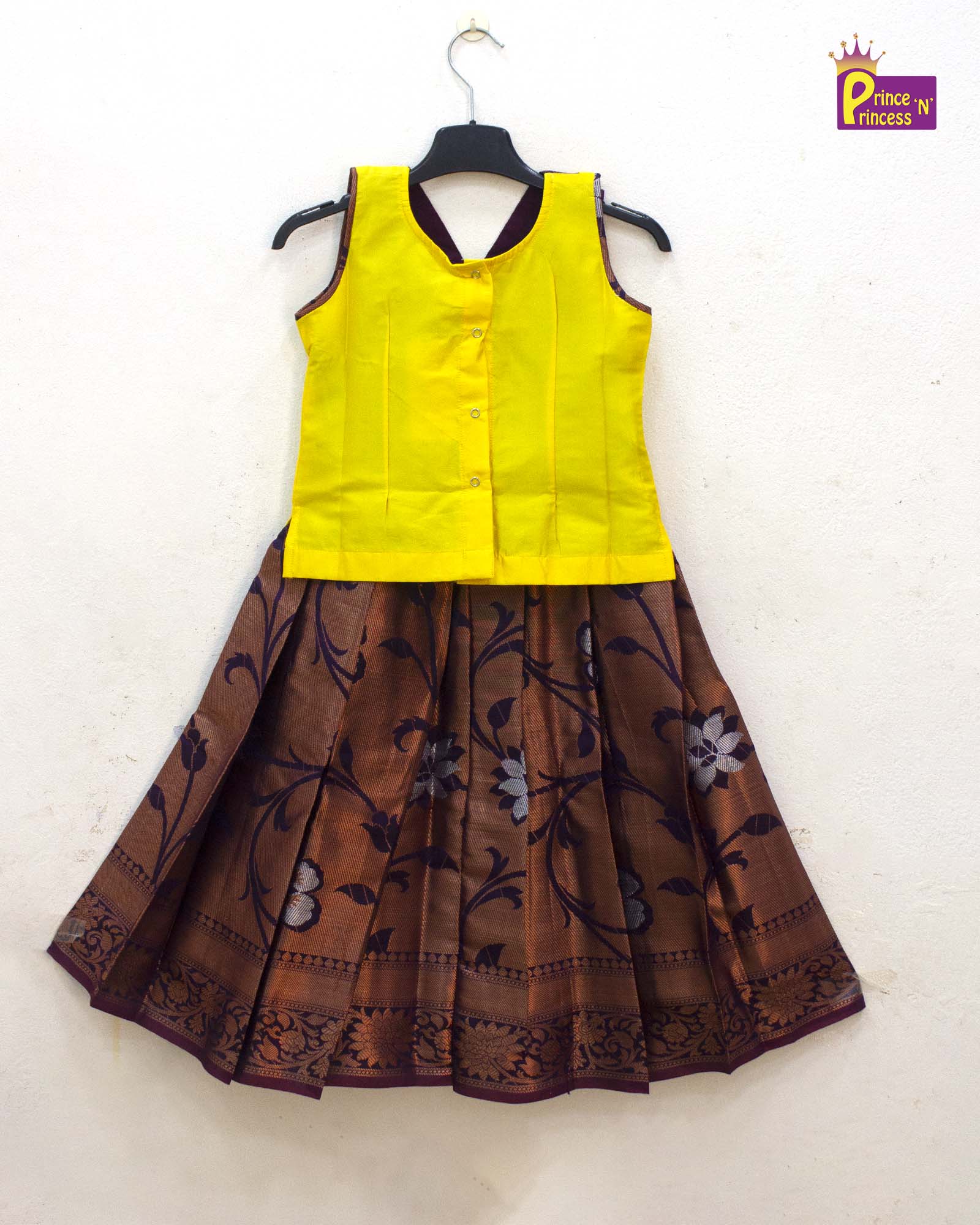 Kids Yellow and Brown Traditional Pattu pavadai PPP1852 - Prince N Princess