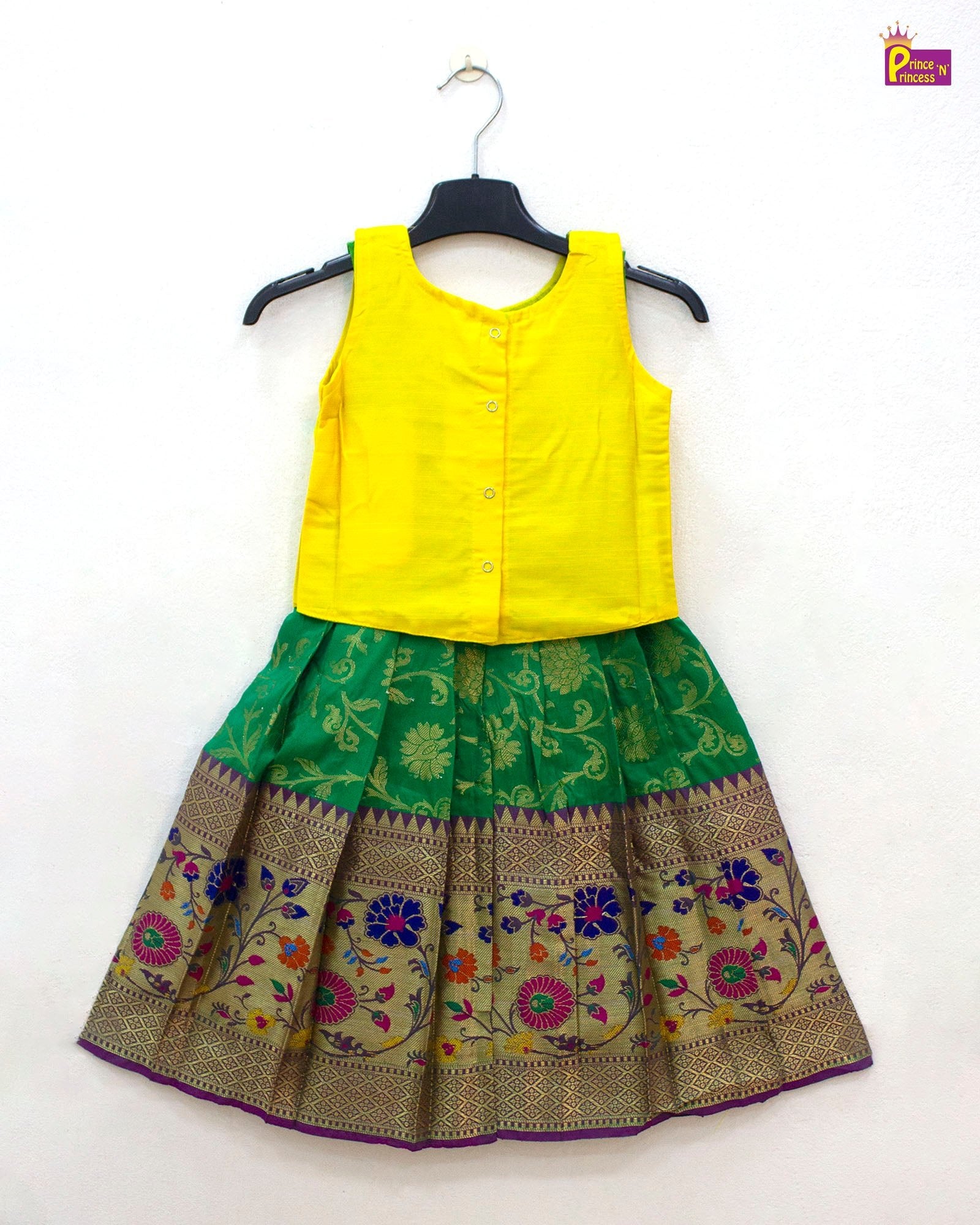 Kids Yellow and Green Trendy Pattu pavadai PPP1898 - Prince N Princess