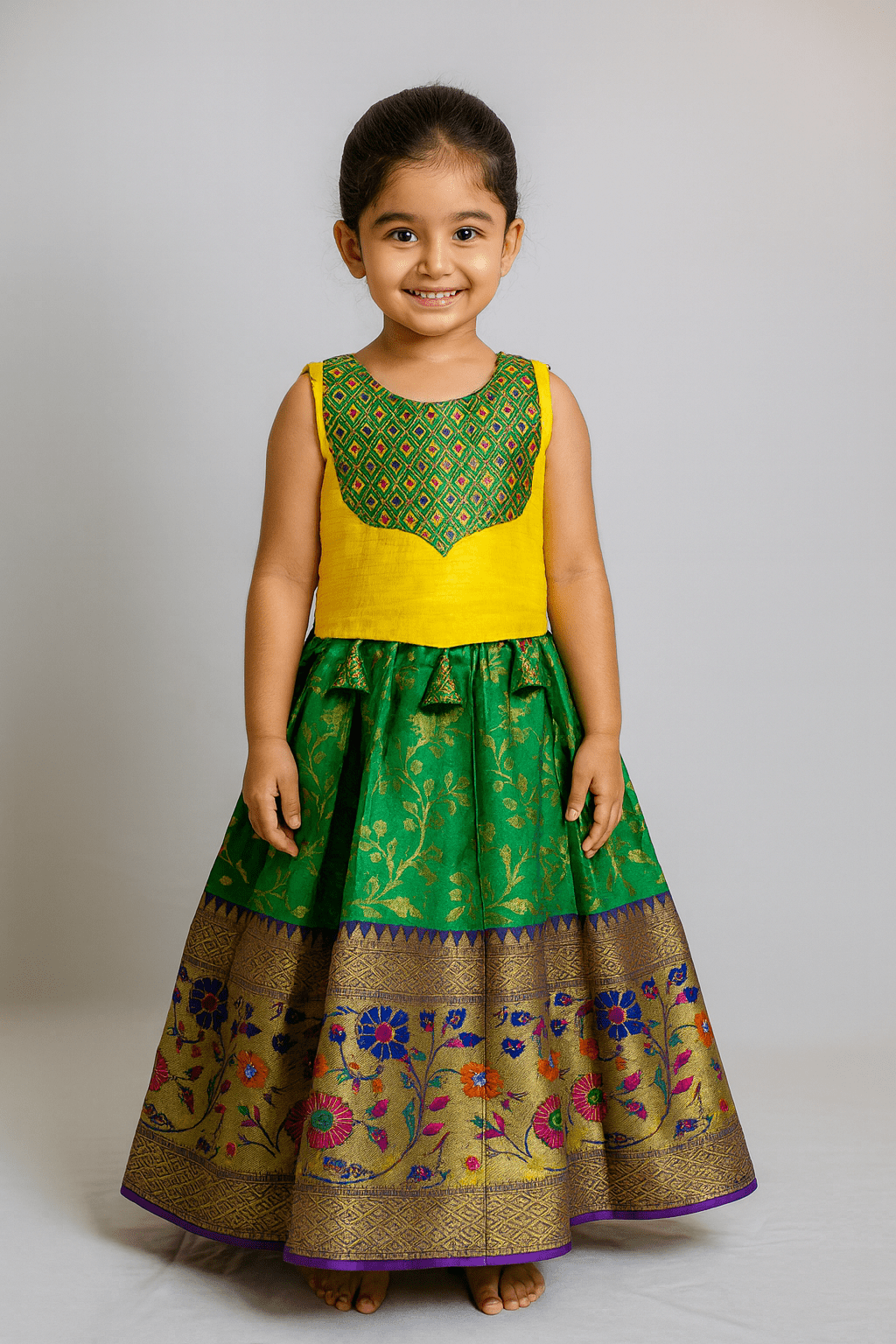 Kids Yellow and Green Trendy Pattu pavadai PPP1898 - Prince N Princess