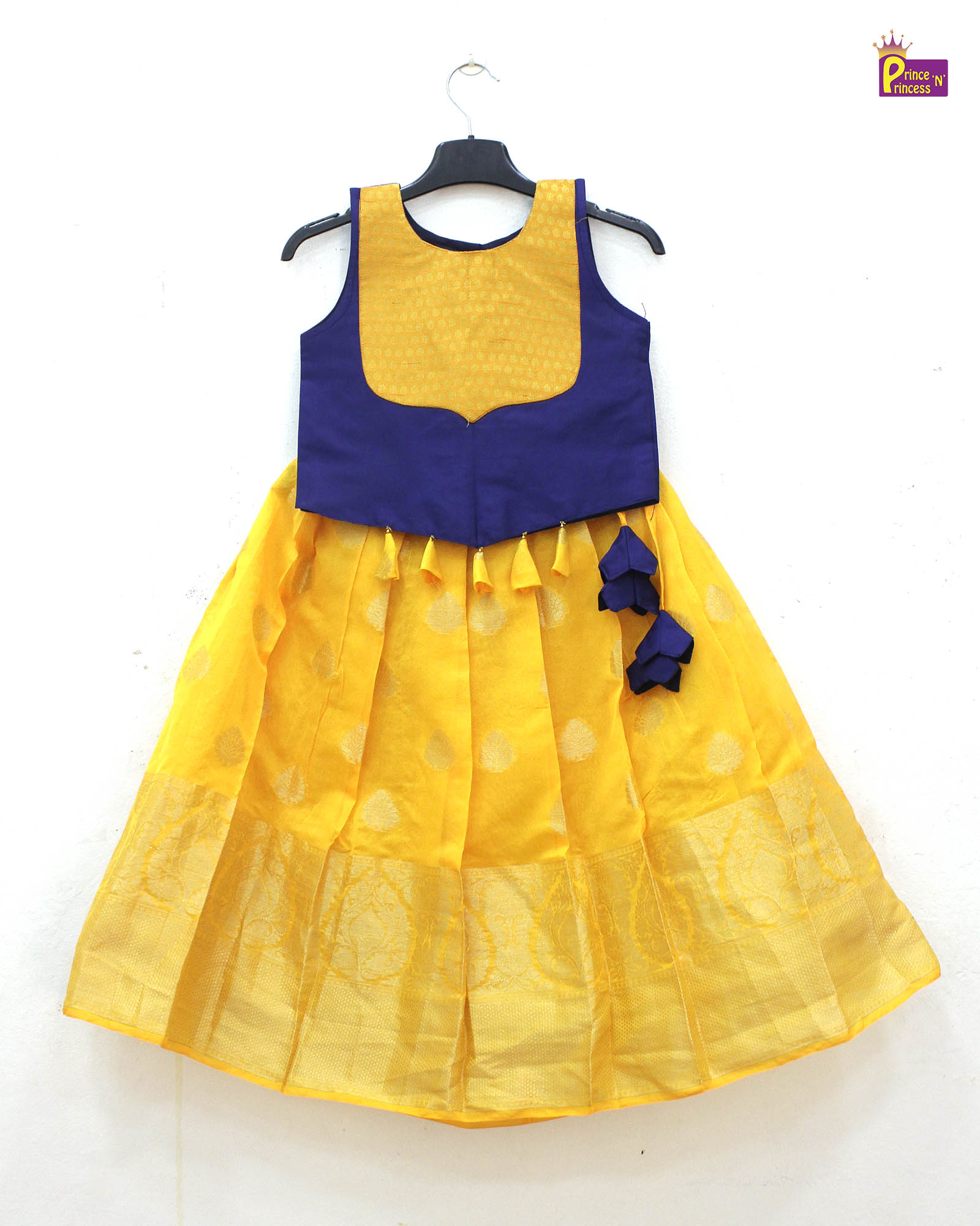 Kids Yellow and Navy Blue Trendy Pattu pavadai PPP1763 - Prince N Princess