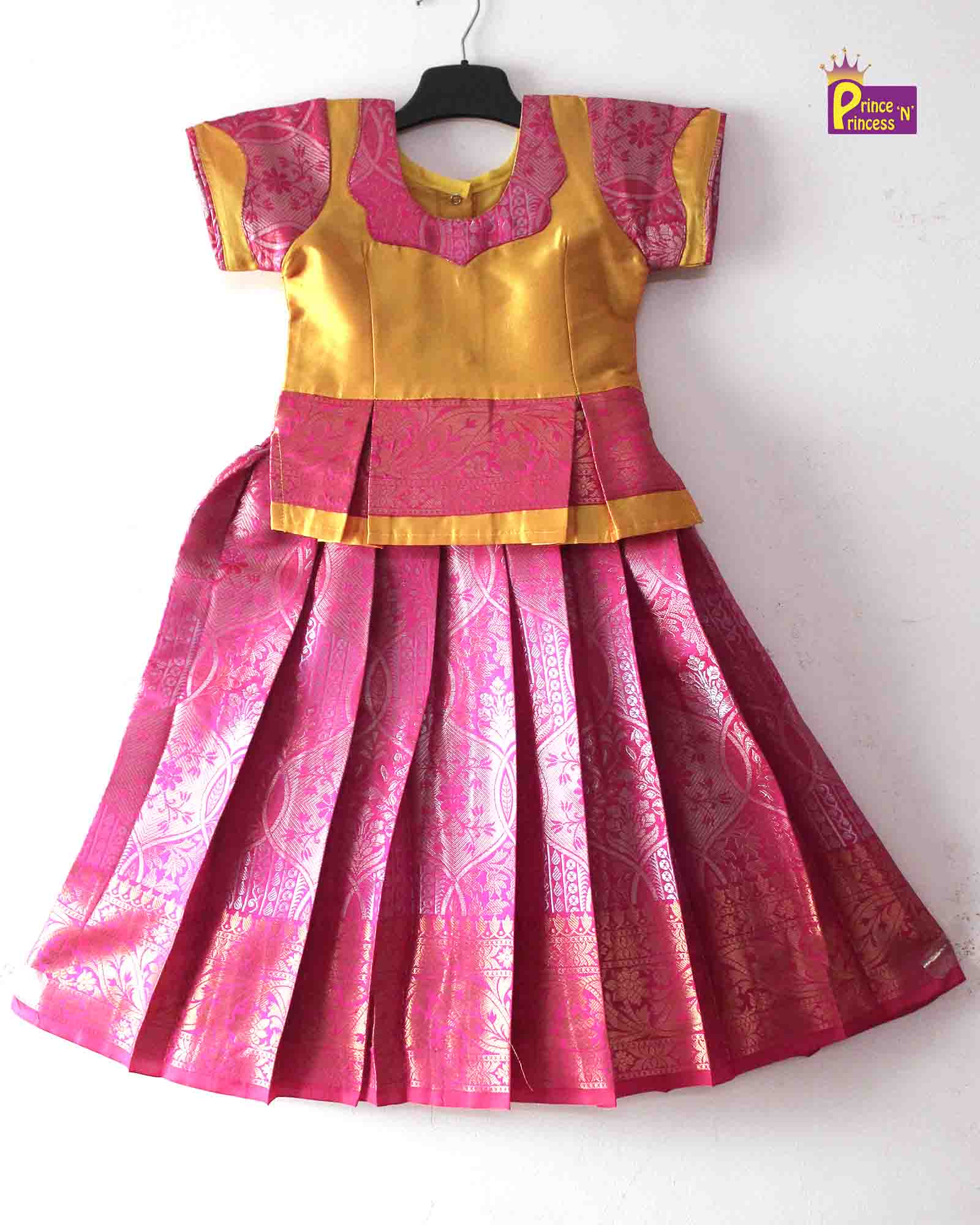 Kids Yellow and pink Designer Pattu Pavadai PPP1397 - Prince N Princess