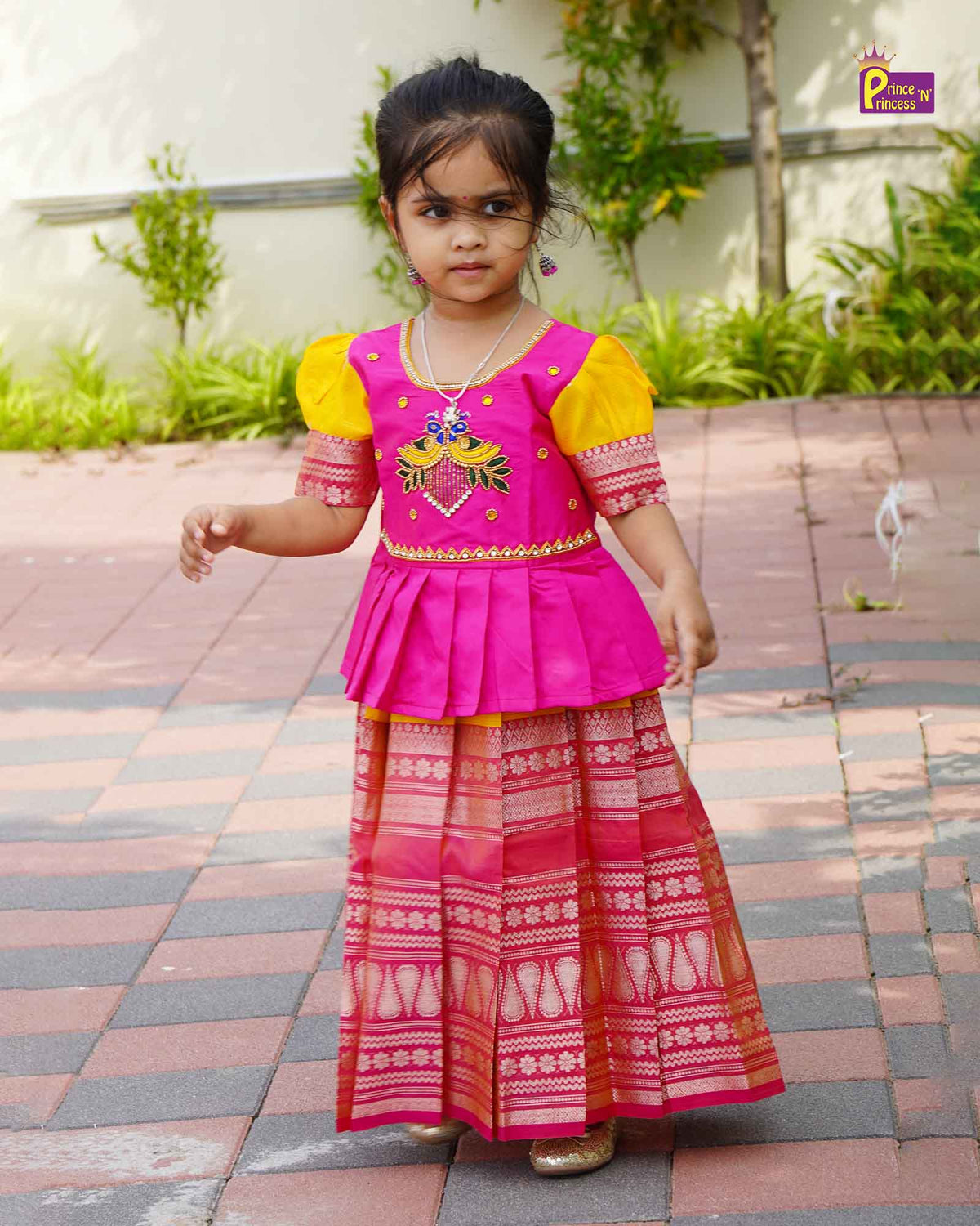 Kids Yellow and Pink Traditional AARI Work Pattu Pavadai PPP1695 for kids festival wear