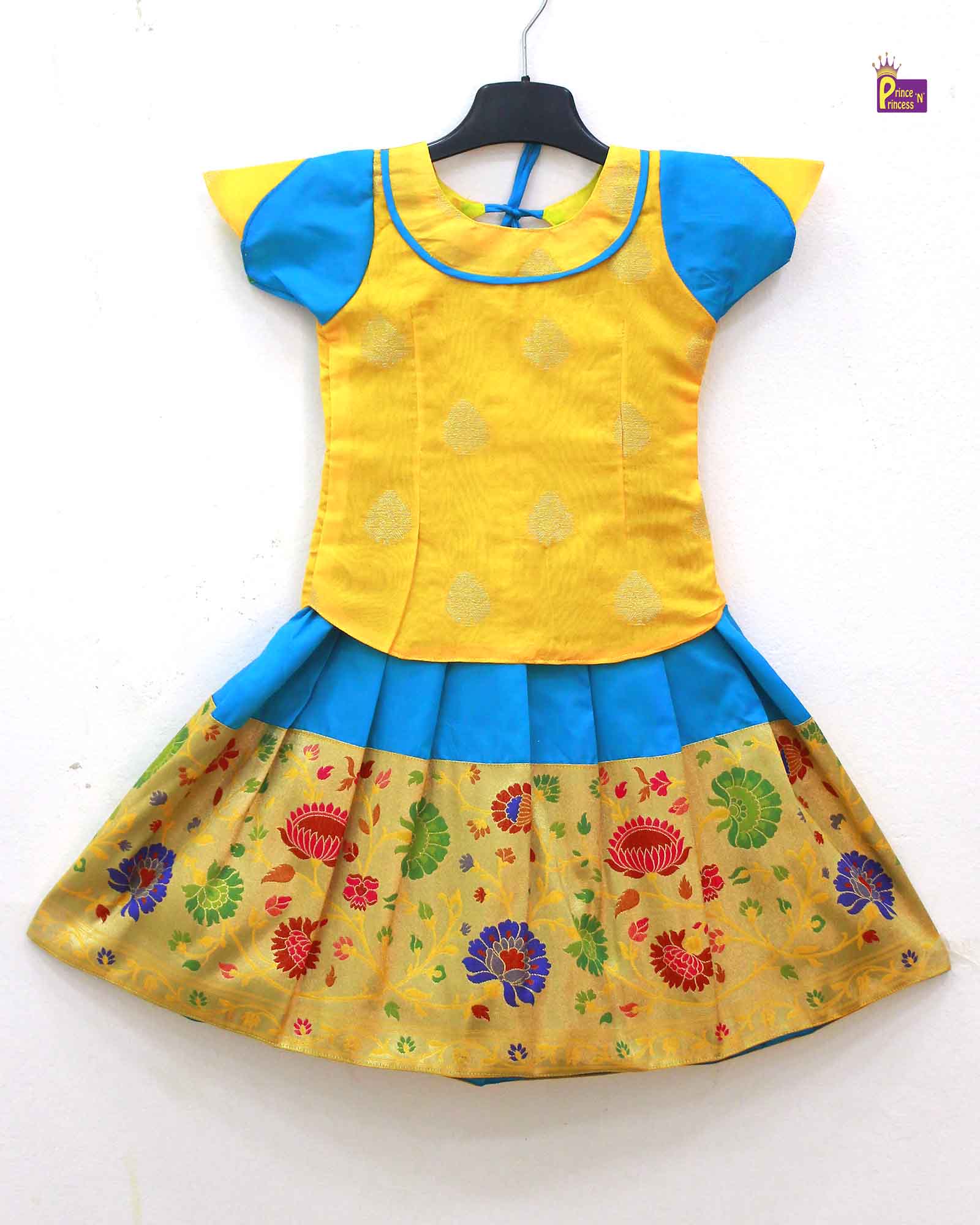Kids Yellow And Sky Blue Traditional Pattupavadai PPP1581 - Prince N Princess