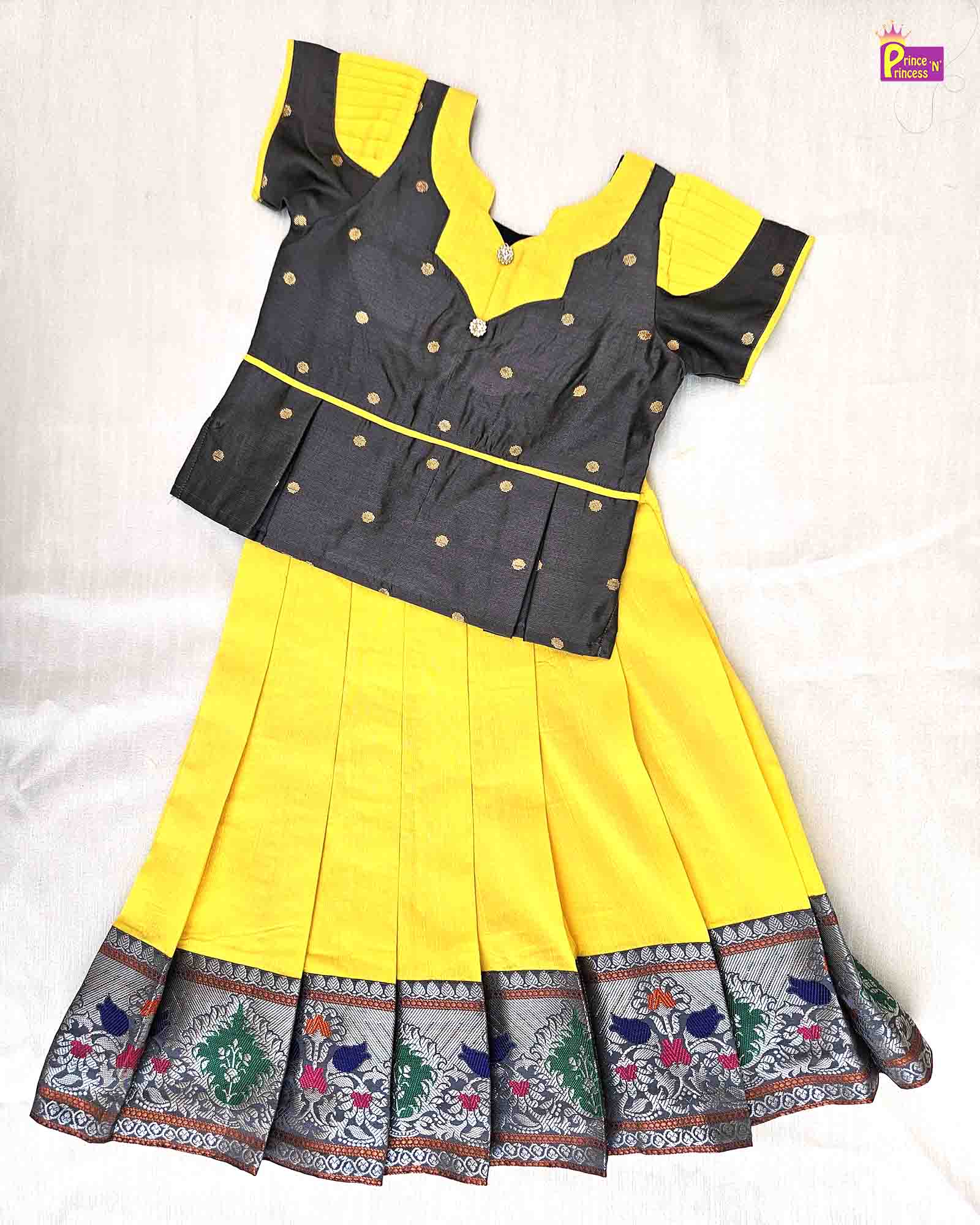 Kids Yellow Grey Traditional Pattupavadai PPP1511 - Prince N Princess