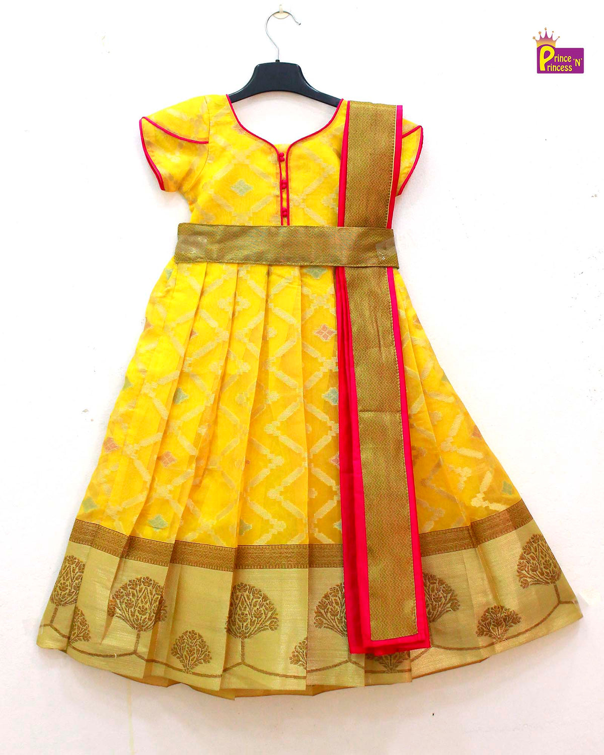 Kids Yellow Pink Ethnic Party Gown with Dupatta and Belt PG484 for kids festival wear