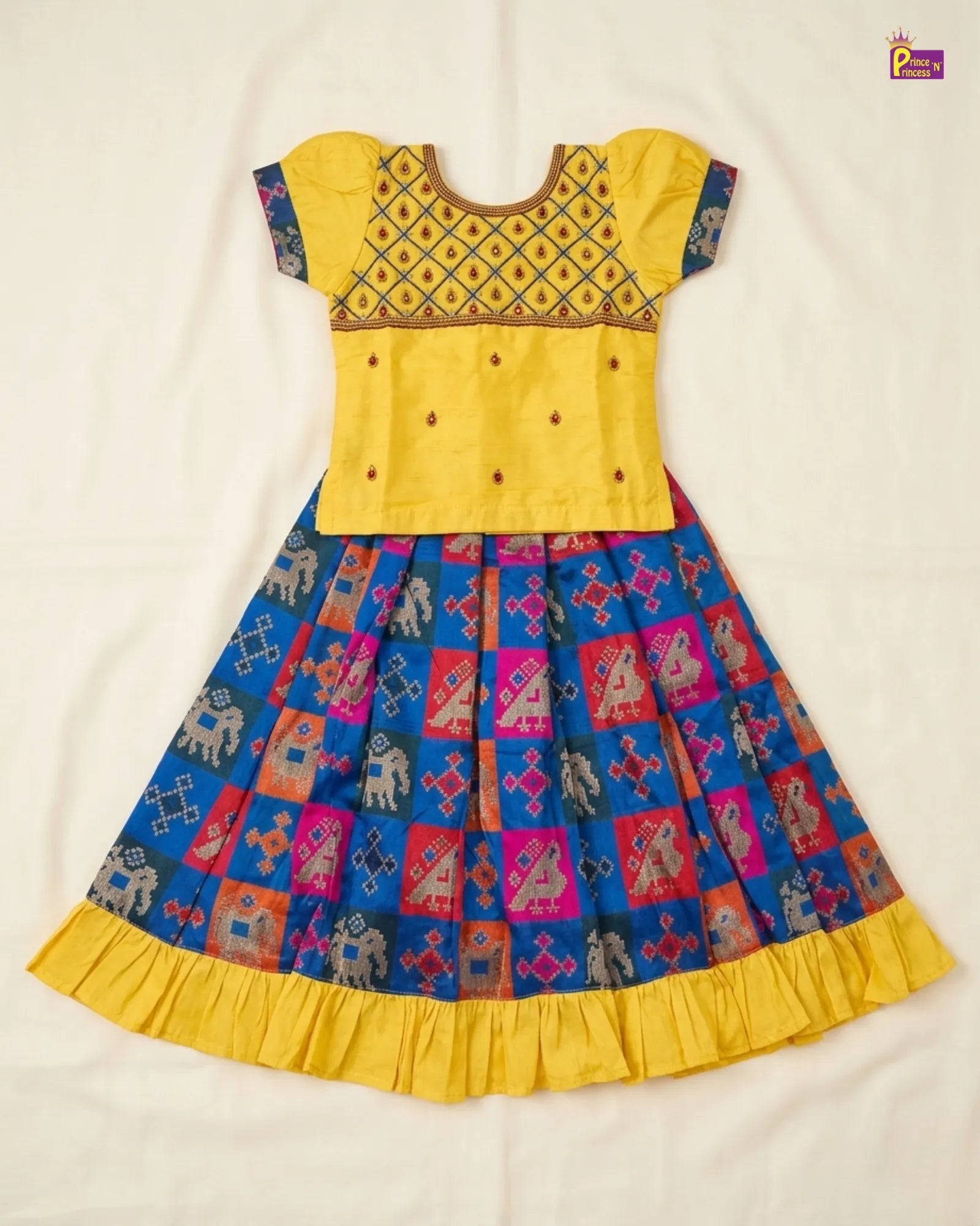 Kids Yellow Top With Blue Multi Color AARI Work Traditional Pattu Pavadai PPP938 for kids festival wear