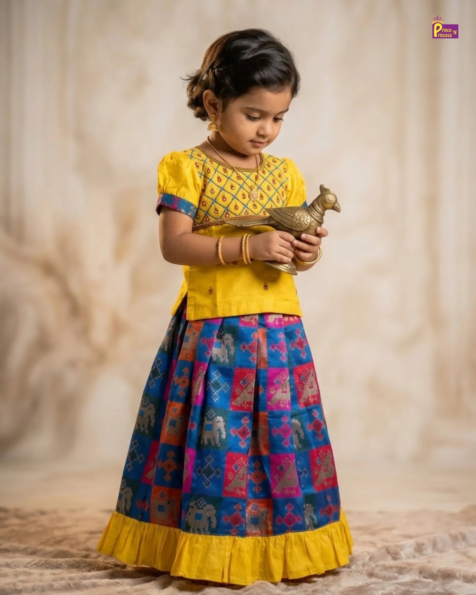 Kids Yellow Top With Blue Multi Color AARI Work Traditional Pattu Pavadai PPP938 for kids festival wear