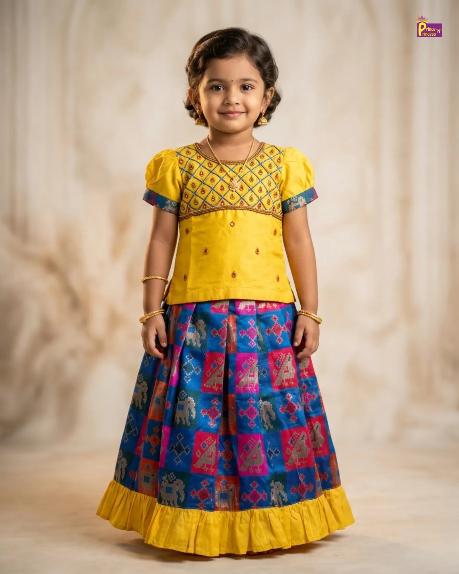 Kids Yellow Top With Blue Multi Color AARI Work Traditional Pattu Pavadai PPP938 for kids festival wear