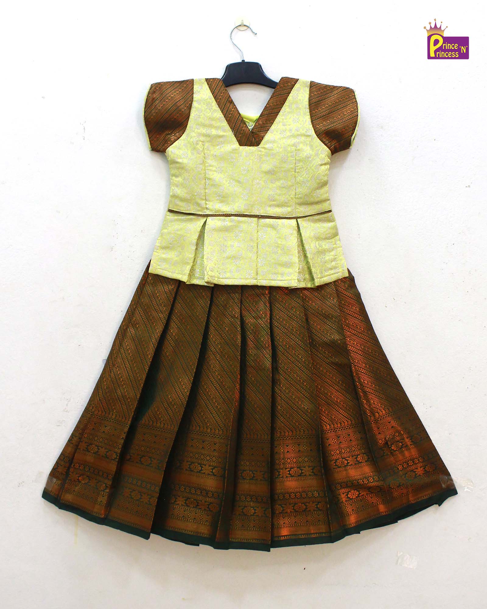 Kids Yellow with Dark Green Traditional Pattupavadai PPP1795 - Prince N Princess