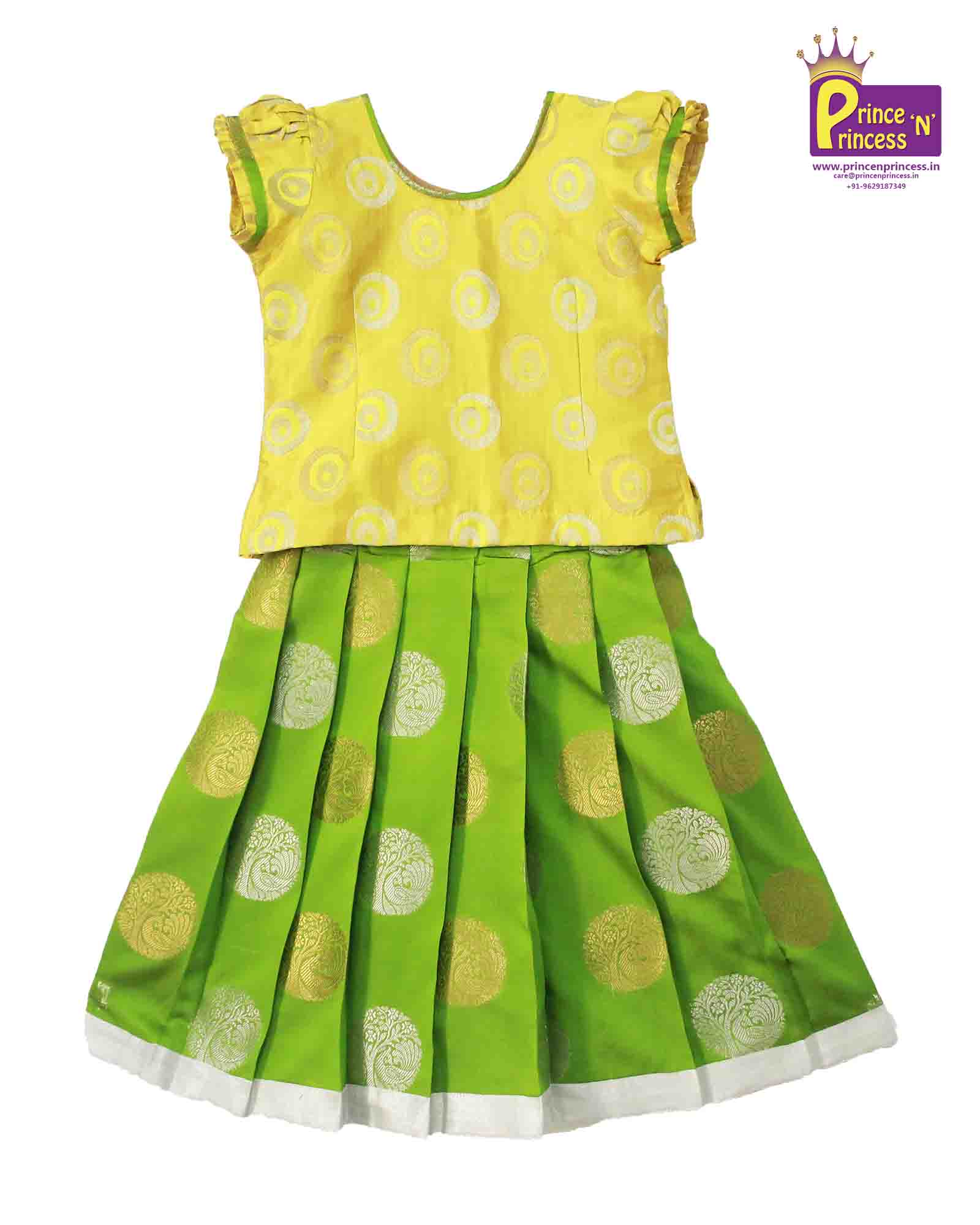 Kids Yellow With Green Grand Banarasi Silver Jari Pattu Pavadai PPP766 - Prince N Princess