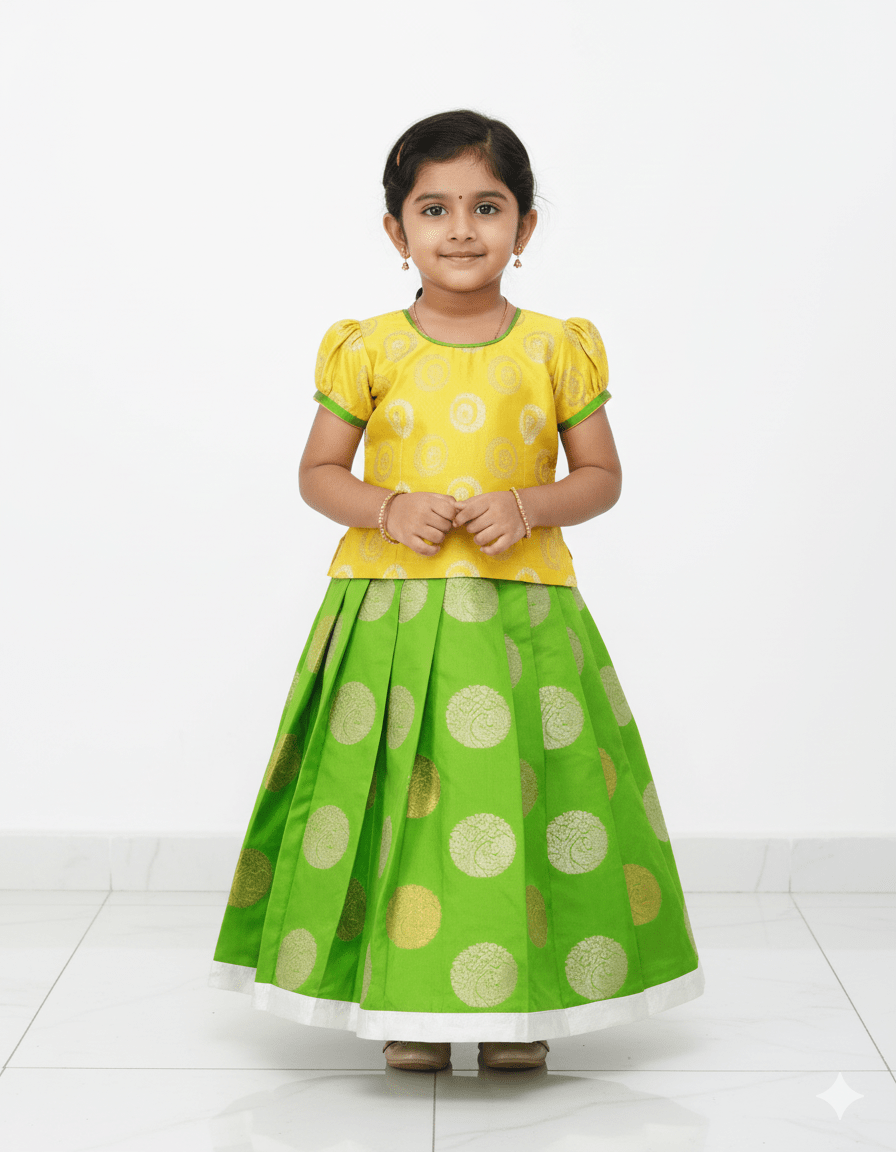 Kids Yellow With Green Grand Banarasi Silver Jari Pattu Pavadai PPP766 - Prince N Princess