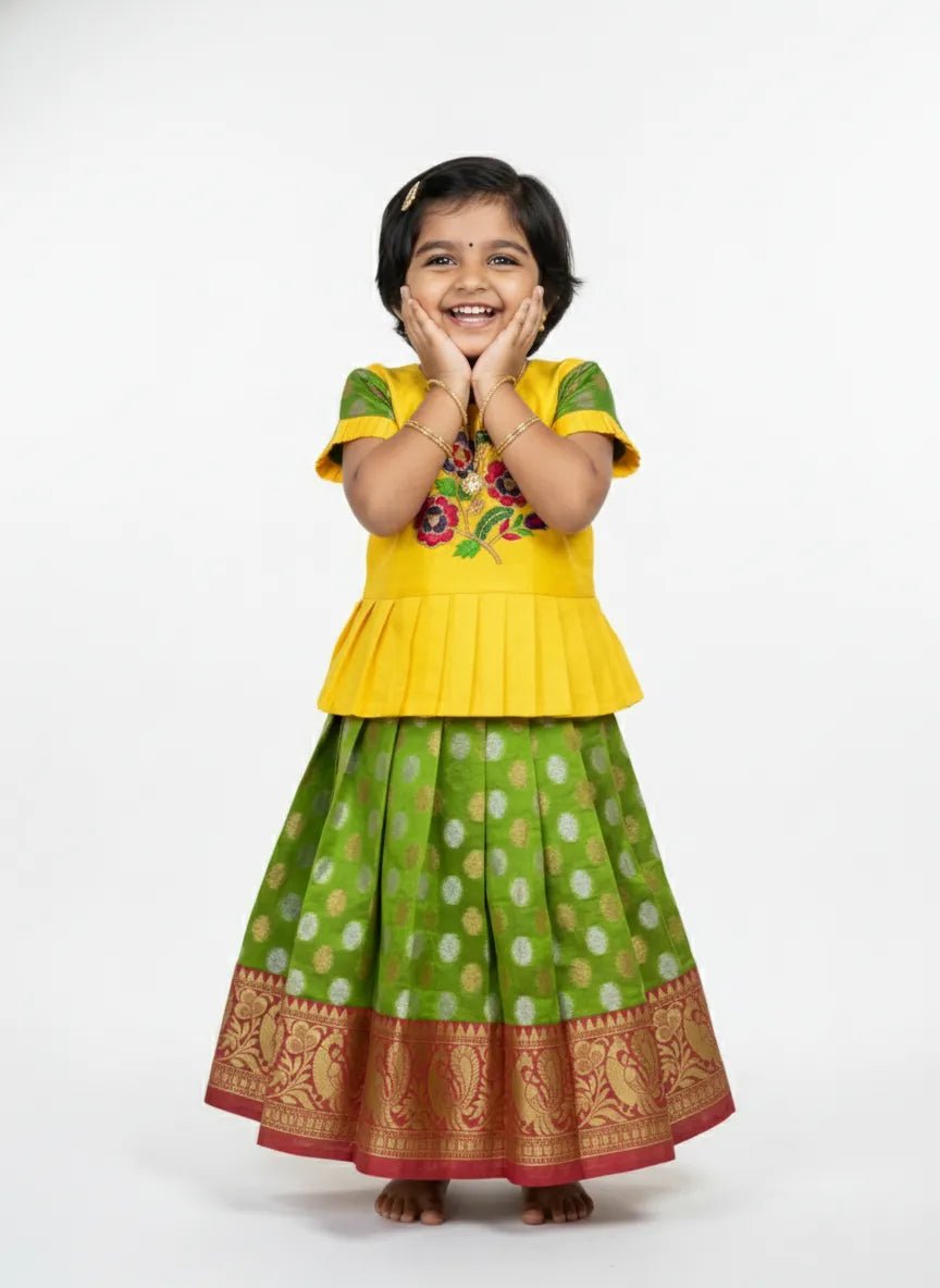 Kids Yellow With Green Traditional Aari Work Pattupavadai PPP946 - Prince N Princess