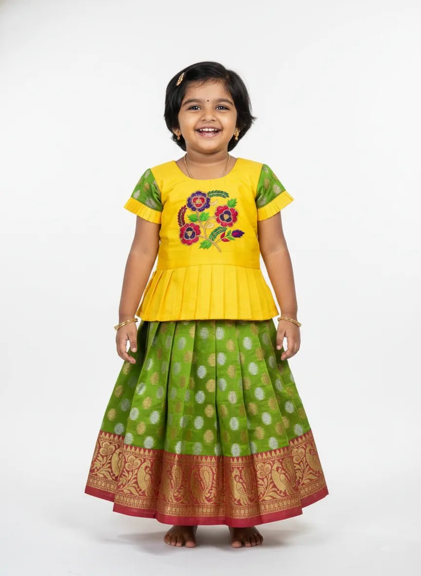 Kids Yellow With Green Traditional Aari Work Pattupavadai PPP946 - Prince N Princess