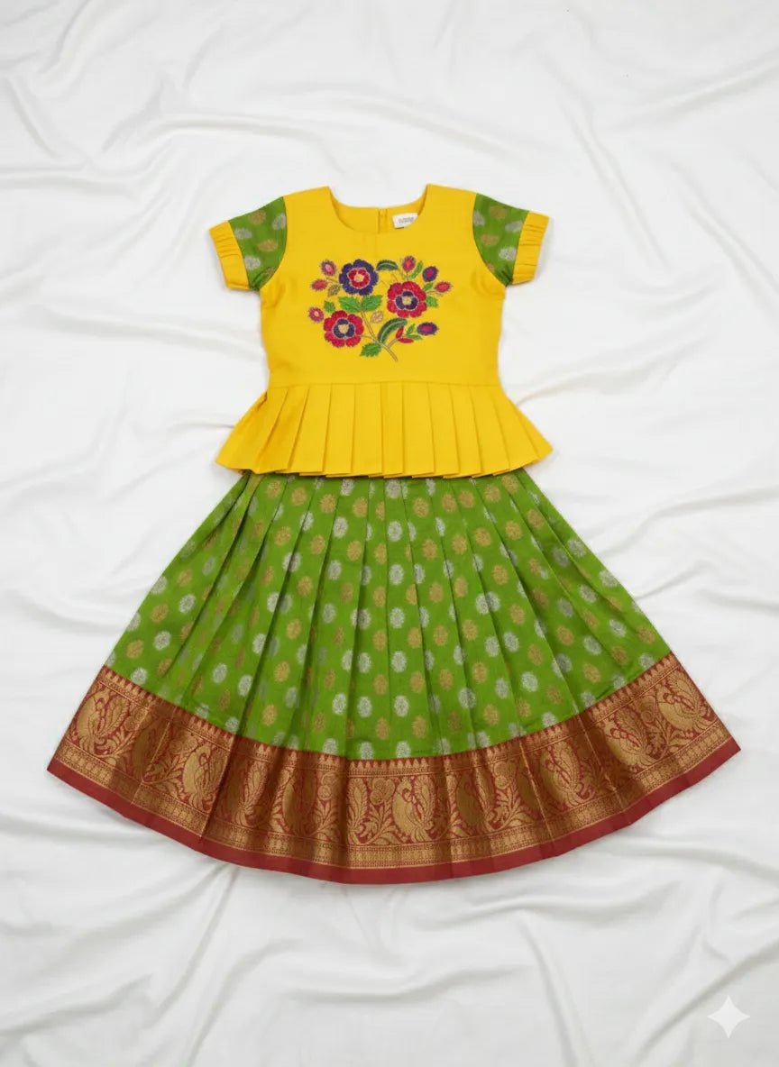 Kids Yellow With Green Traditional Aari Work Pattupavadai PPP946 - Prince N Princess