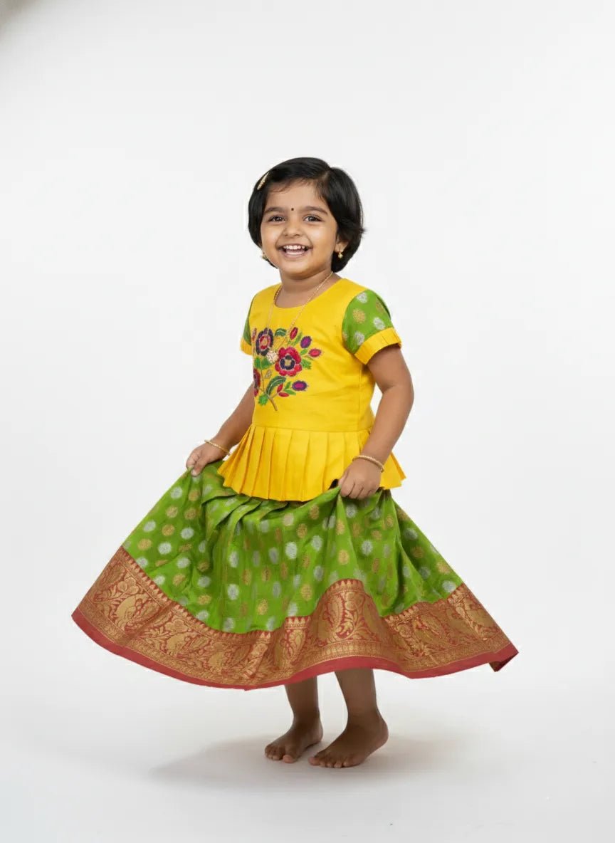 Kids Yellow With Green Traditional Aari Work Pattupavadai PPP946 - Prince N Princess