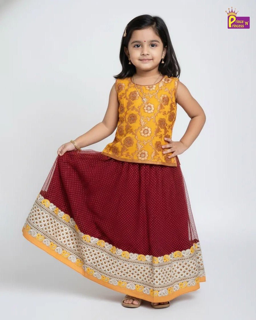 Kids Yellow With Maroon Sequence Embroidery Lehenga Choli LC048 - Prince N Princess
