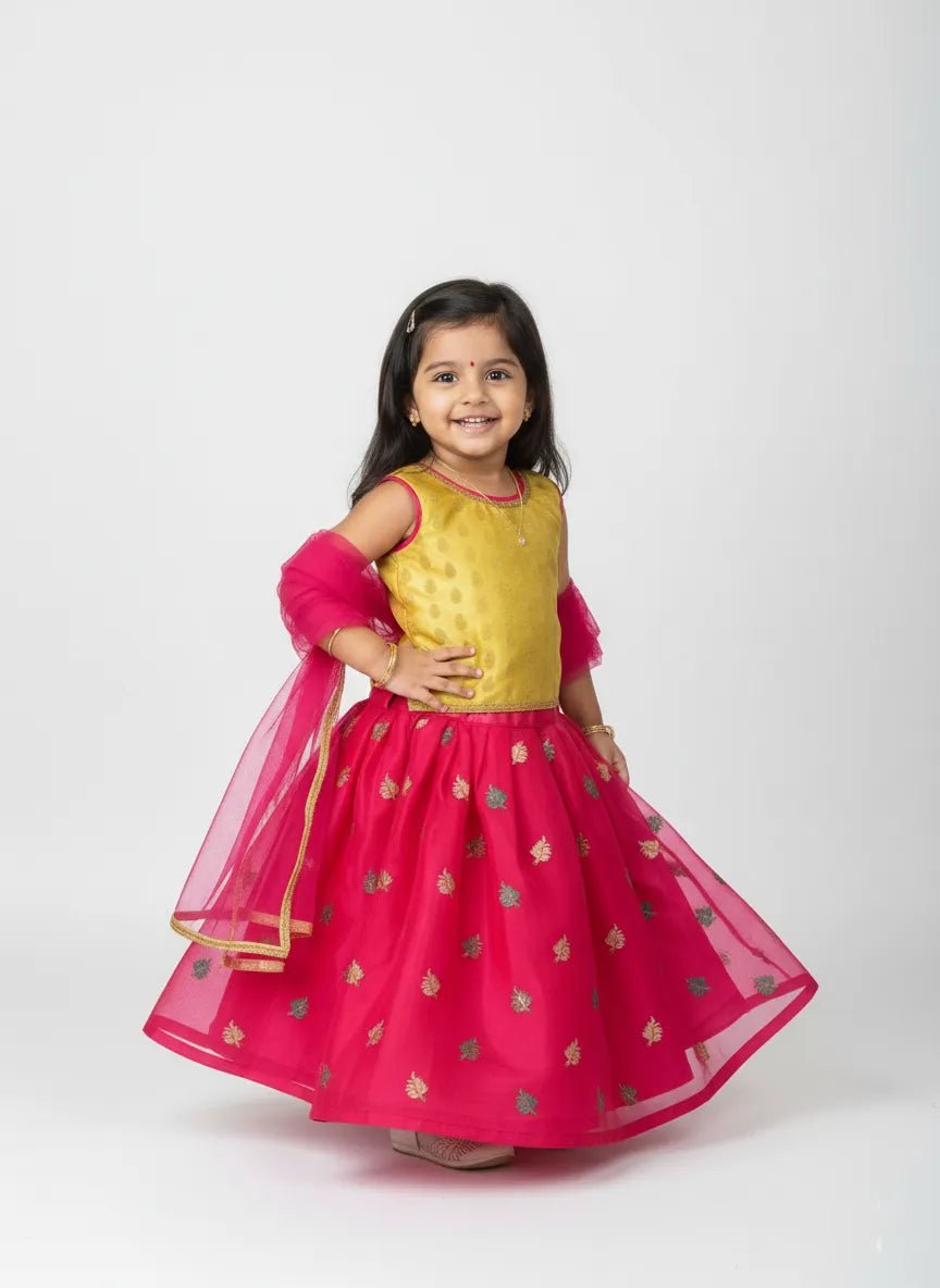 Kids Yellow With Pink Sequence Embroidery Lehenga Choli LC107 - Prince N Princess