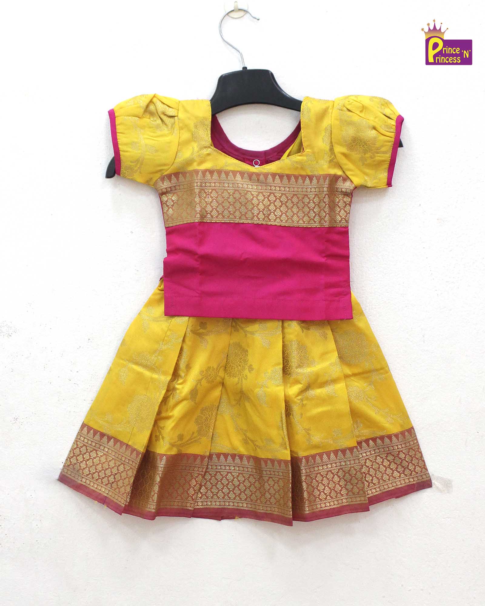 Kids Yellow With Pink Traditional Pattupavadai PPP1323 - Prince N Princess