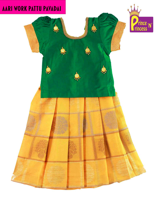 Kids Green Yellow  Traditional AARI Pattu Pavadai PPP890