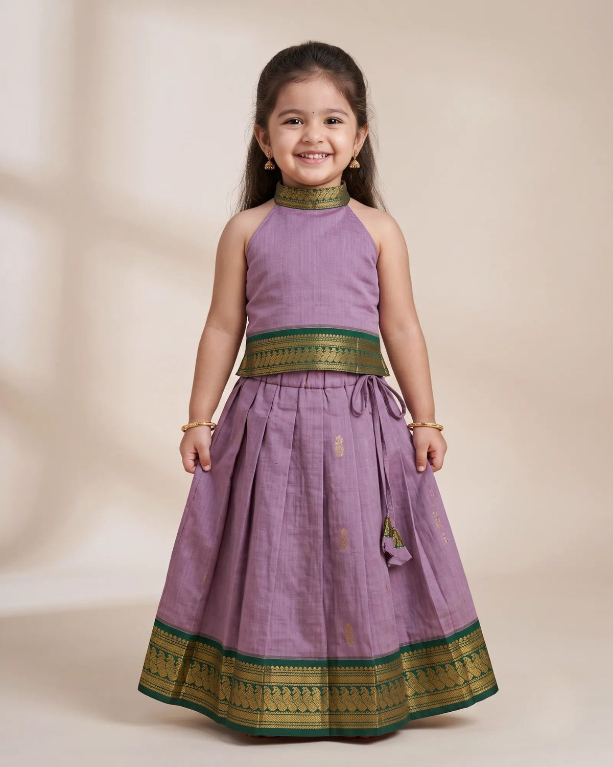 Lavender Kalyani Cotton Halter Neck Pattu Pavadai for Girls - Festive PPP2153 for kids festival wear