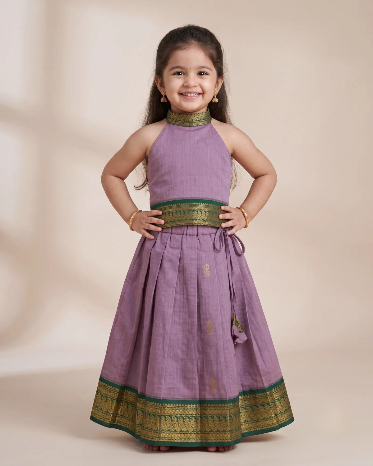Lavender Kalyani Cotton Halter Neck Pattu Pavadai for Girls - Festive PPP2153 for kids festival wear