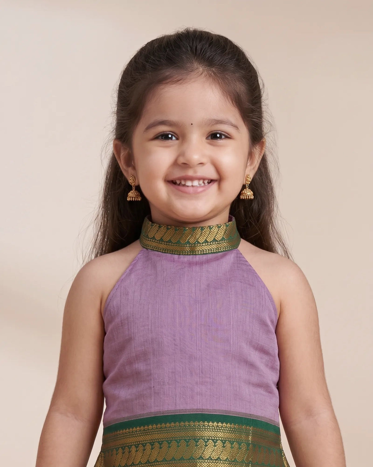 Lavender Kalyani Cotton Halter Neck Pattu Pavadai for Girls - Festive PPP2153 for kids festival wear