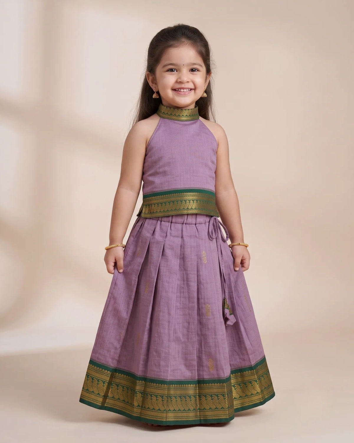 Lavender Kalyani Cotton Halter Neck Pattu Pavadai for Girls - Festive PPP2153 for kids festival wear