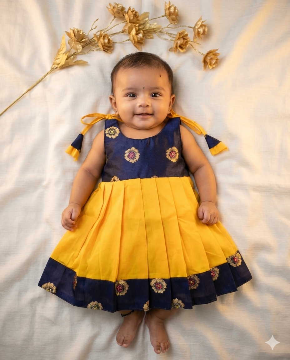 New born Blue Orange Raw Silk Frock LF1670