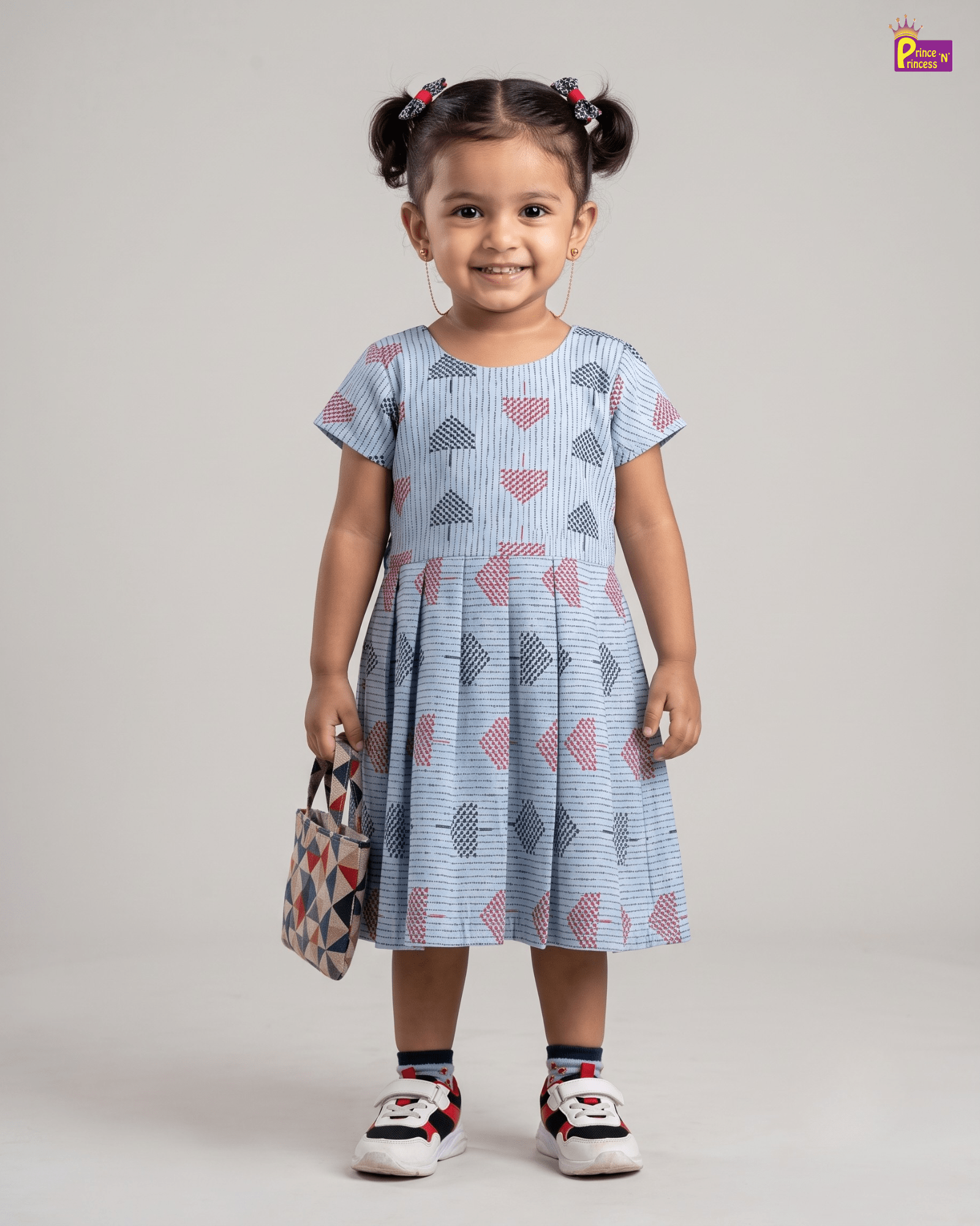 Light Blue Geometric Block Print Cotton Frock for Girls | Kids Dress CF411 for kids festival wear